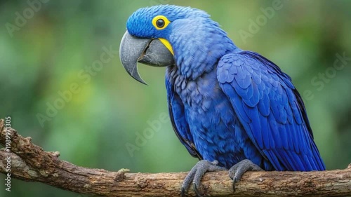Hyacinth macaw, anodorhynchus hyacinthinus, perched on a branch, vibrant blue parrot native to central and eastern south america