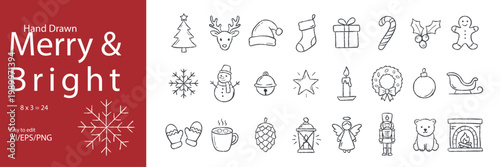 Hand Drawn Christmas Icon Set – Sketch Style Holiday Doodles with Santa, Reindeer, Snowman, Nutcracker and Cozy Winter Elements