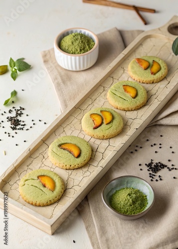 Minimalist Commercial Food Photography Matcha Peach Shortbread Cookies Wooden Tray Rustic Texture Warm