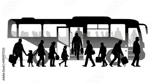 Photography Silhouettes of people boarding and disembarking a bus.