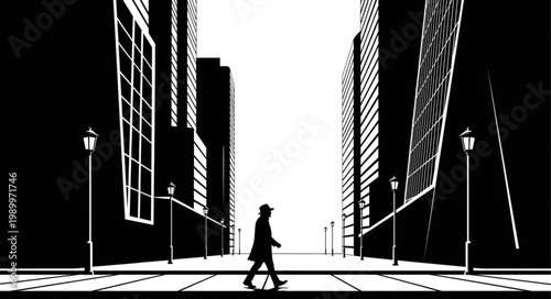 Man walking in a stark black and white city street.