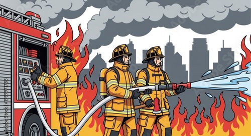 Firefighters battling a city building fire with a fire truck and water hose.