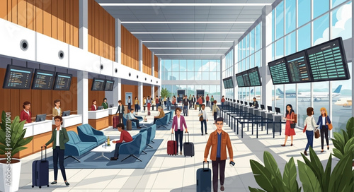 Modern airport terminal interior with travelers and departure boards.