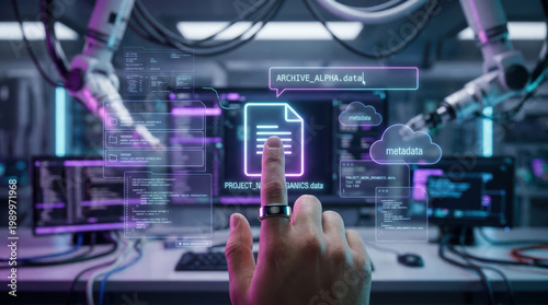 Futuristic digital interface with hand interacting, data file, metadata clouds, robotic arms, and computer screens in high tech workspace environment