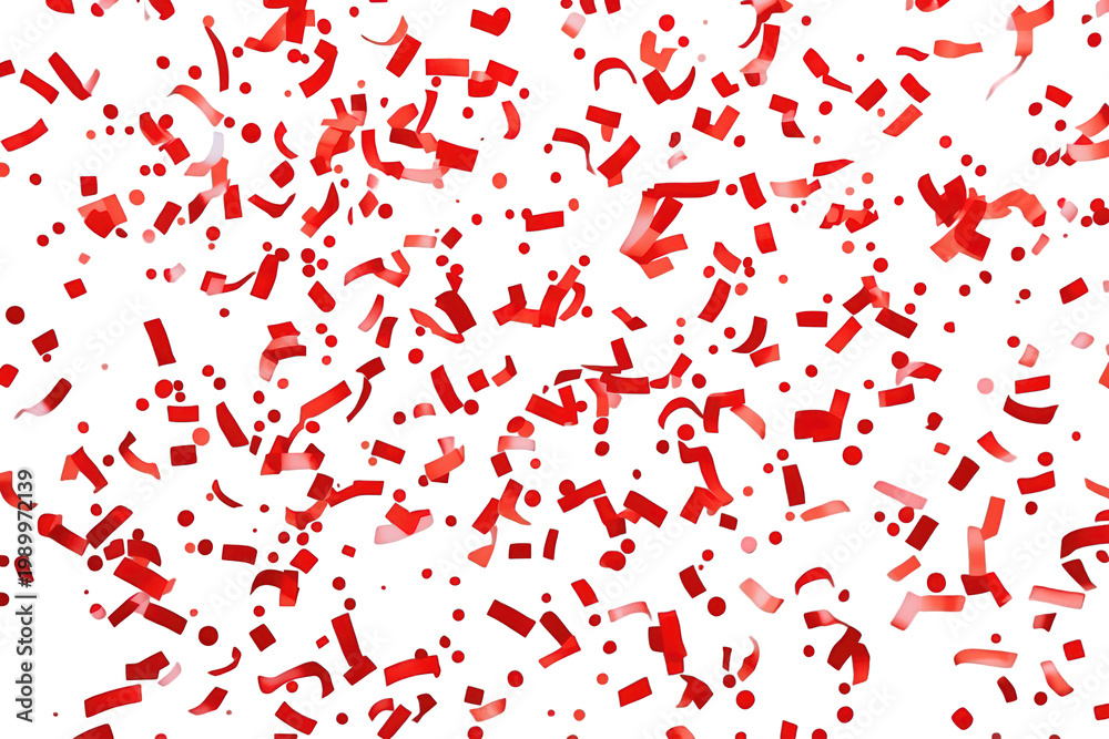 Fototapeta premium Red confetti falling creating a festive celebration background with flying ribbons on transparent