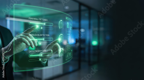 Hands adjusting holographic firewall settings intrusion detection data encryption interface in modern office environment with blurred background