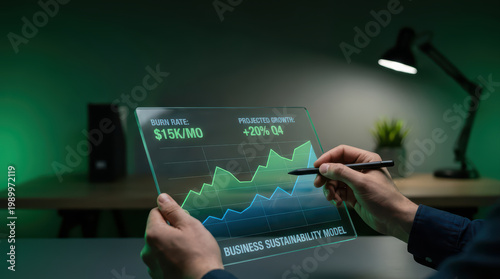 Business sustainability model with burn rate and projected growth on transparent digital screen held by hands analyzing startup data in office environment