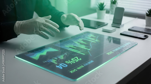 Futuristic transparent digital screen displaying financial data with hands wearing gloves analyzing charts and graphs in modern office environment