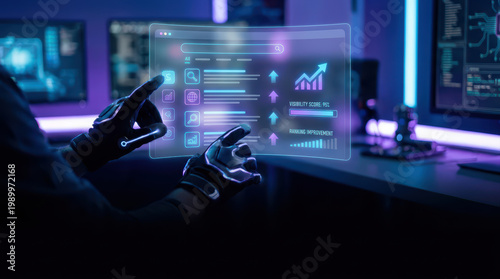 Futuristic hands interacting holographic digital interface with data analytics and charts in dark technology workspace with neon lighting, showing advanced virtual control system