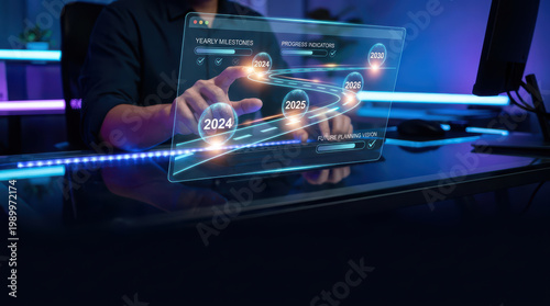 Yearly milestone progress indicators with futuristic digital interface showing timeline from 2024 to 2030, hands interacting with transparent screen in dark office environment