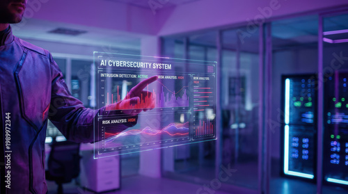 AI cybersecurity system with active intrusion detection and high risk analysis displayed on transparent screen in data center environment