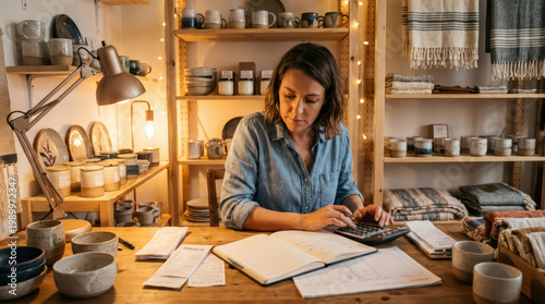 Small business owner woman calculator notebook receipt wooden table ceramic bowl shelf cozy workspace financial planning home office casual clothing indoor lamp warm light handmade craft