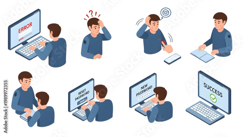 Isometric Forget Password Process Vector Set – Human Retry Activity in Imperfect Style with Scalable System Design, Isolated White Background