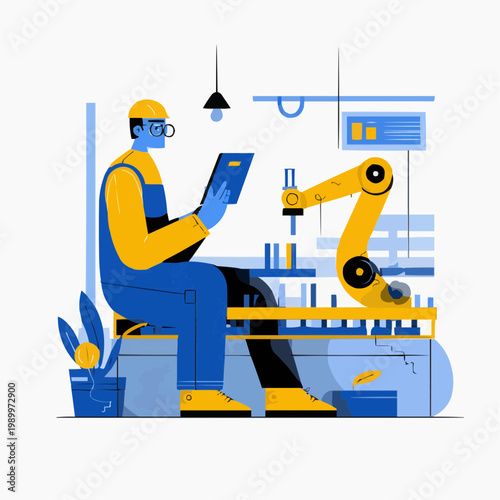 Flat vector illustration of a worker overseeing a robotic arm in a factory, suitable for industrial presentations, technology articles, or manufacturing websites.