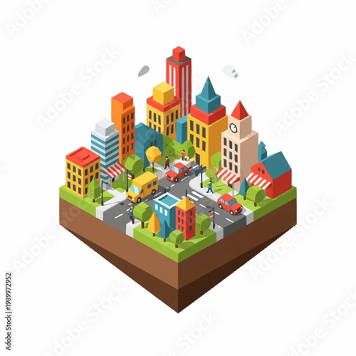 Isometric Cityscape with Buildings and Vehicles.