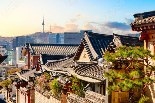 Bukchon Hanok Village with Namsan TV Tower in Seoul, South Korea during sunrise