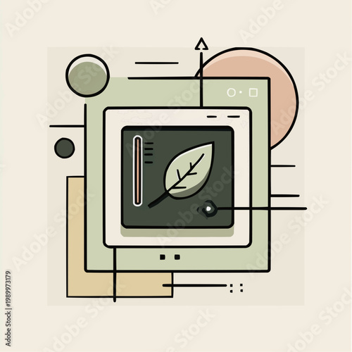 Flat vector illustration of a smart thermostat displaying a leaf, suitable for eco-friendly technology ads, smart home articles, or sustainable living campaigns.