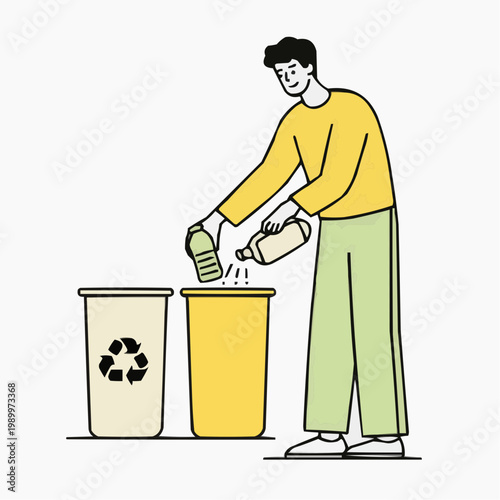 Flat vector illustration of a person recycling plastic bottles into a bin, suitable for environmental campaigns, educational materials, or eco-friendly promotions.