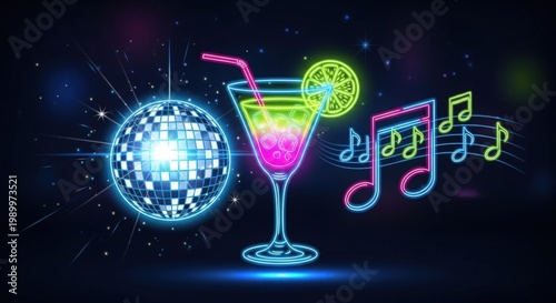 Vibrant neon disco party illustration with glowing cocktail, sparkling disco ball, and musical notes on a dark background.