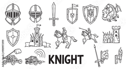 Middle ages historical icons set with knights on horseback and siege engine weapons.