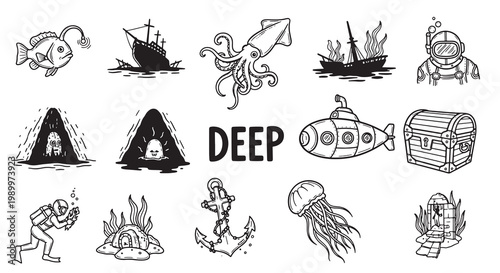 Marine biology and nautical history collection with deep sea creatures and shipwreck elements.