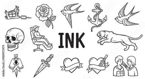 Classic tattoo flash set featuring traditional ink designs like roses swallows anchors and skulls.