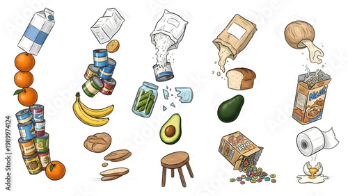 Top-Down Dropping Groceries Chain Reaction Vector Set – Step-by-Step Falling Items with Chaotic Sketch Line Style and Imperfect Physics, Isolated White Background