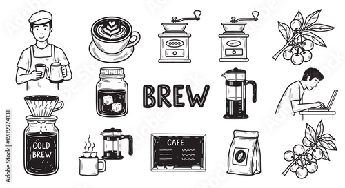 Coffee brewing methods and cafe shop icons featuring barista character and various brewing equipment doodles.