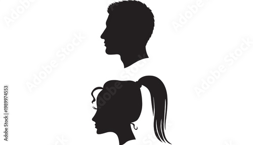 Silhouette of two women faces icon for profile identity, hairstyle styling, social media avatar and branding graphics