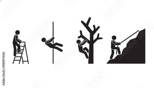 Safety ladder pictogram set with hand near pole, tree pruning, and wall window cleaning icons featuring climbing, maintenance, construction with