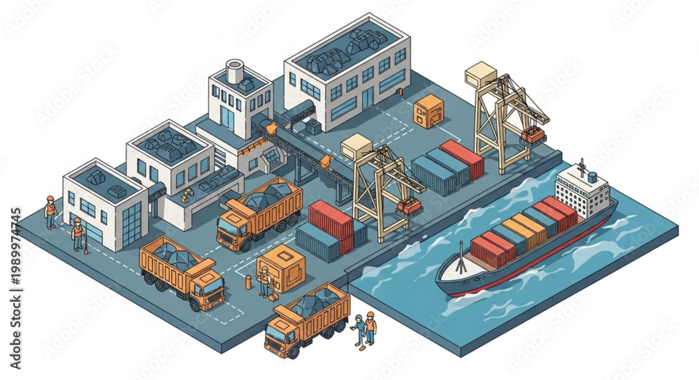 Obraz premium Isometric Port Scene with Cargo Ship and Cranes.