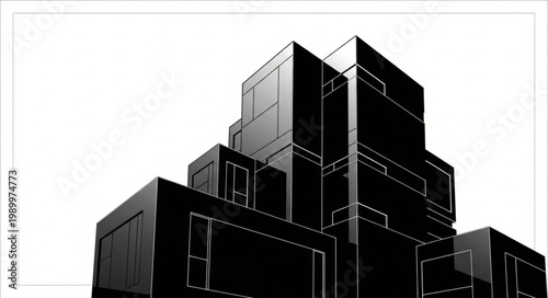 Modern Black Building Facade Against White Sky.