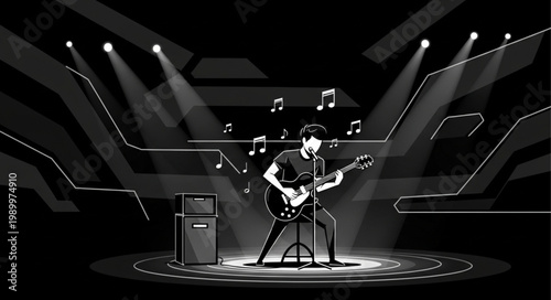 Musician Playing Electric Guitar on Stage with Spotlights and Music Notes.