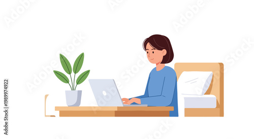 A young woman with short brown hair sits at a wooden desk in her bedroom, smiling while typing on her laptop next to a potted green plant.