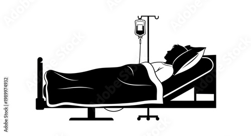 Patient Lying in Hospital Bed with IV Drip Silhouette.