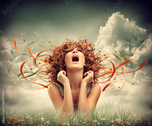 Screaming young woman with colourful ribbons 