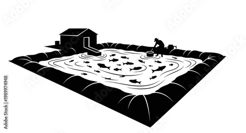 Fish farm aquaculture pond with worker and building illustration.