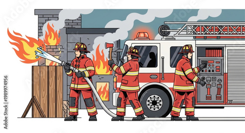 Firefighters Battling Blaze with Fire Truck and Hose.