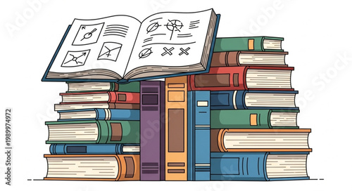 Stack of Old Books and Open Sketchbook with Drawings.