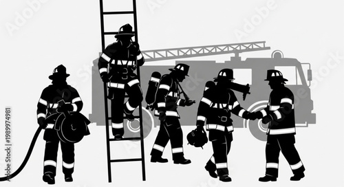 Firefighters in Uniform with Ladder and Fire Truck.