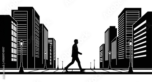 Silhouette of a man walking through a city street with tall buildings.