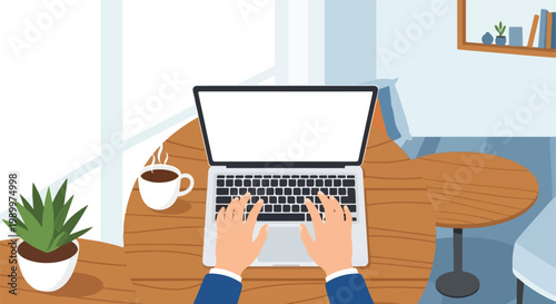 A vector illustration depicts a person's hands typing on a laptop at a wooden desk with a steaming coffee cup and a potted green plant.