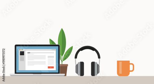 This flat vector illustration features a laptop, a green potted plant, headphones, and an orange mug arranged on a minimalist workspace.