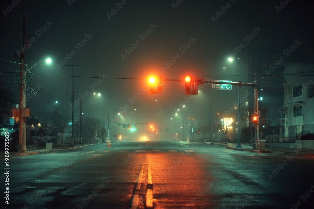 Fototapeta premium Lighthouse in fog with ship lights in stormy sea