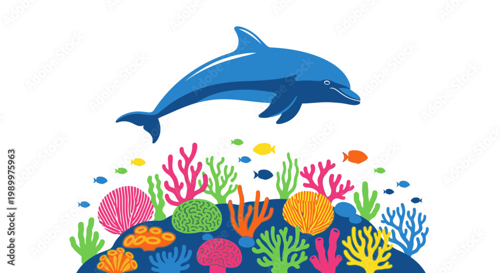 Fototapeta premium Dolphin swimming over coral reef sea.