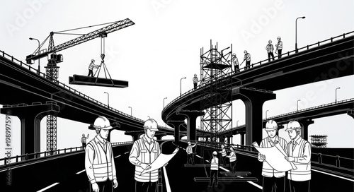 Construction workers overseeing a large infrastructure project with cranes and elevated roadways.