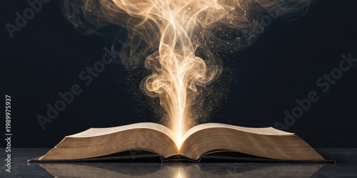 Open Book Emitting Golden Light on Dark Background Knowledge Concept