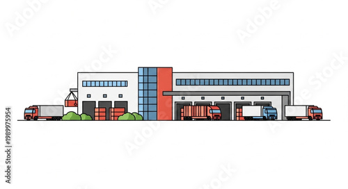 Modern Warehouse Building with Trucks and Loading Docks.