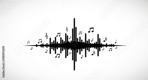 Sound wave graphic with musical notes.