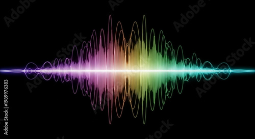 A vibrant sound wave graphic with a rainbow of colors on a black background ai